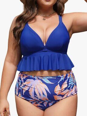 cupshe women's tankini blue/tropical- small
